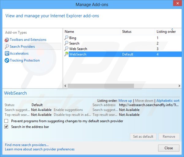 Verwijder websearch.searchandfly.info als standaard zoekmachine in Internet Explorer 