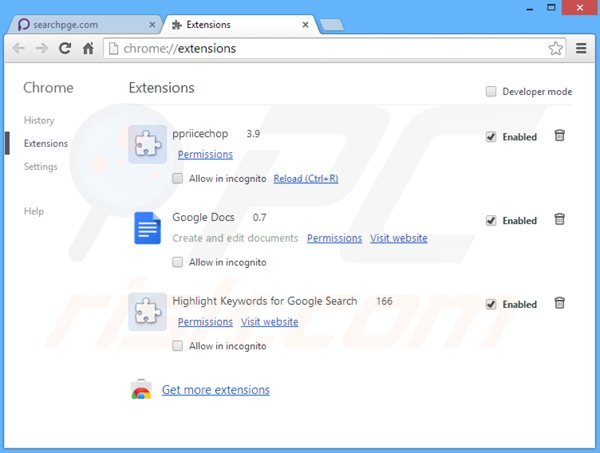 Verwijder aan searchpge.com gerelateerde Google Chrome extensies