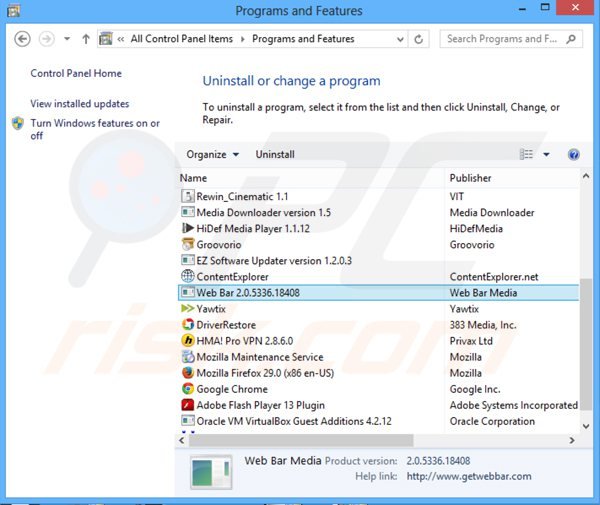 web bar adware verwijdering via het Controle Paneel