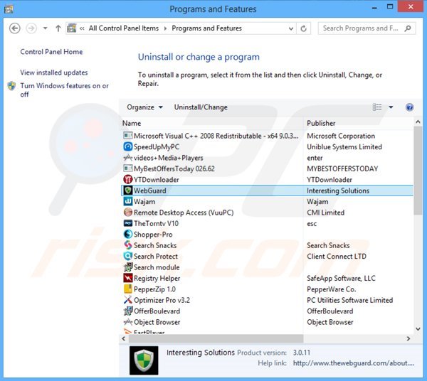 Web Guard adware verwijdering via Controle Paneel