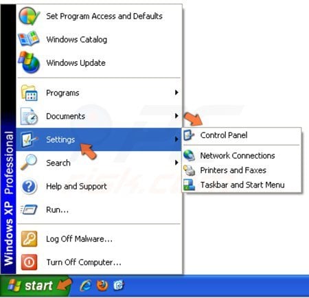 Turning on a guest user on Windows XP step 1 - accessing Control Panel