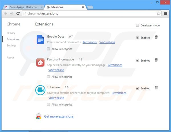 Verwijder zoomifyapp uit Google Chrome stap 2