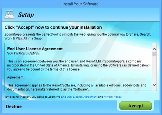 misleidende gratis software installer gebruikt voor de verspreiding van de zoomifyapp adware 