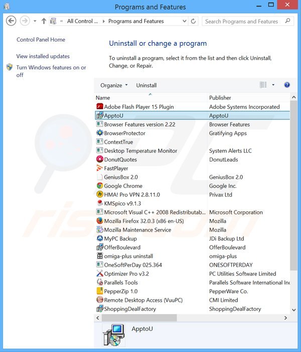 apptou adware verwijdering via het Controle Paneel