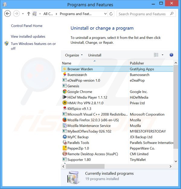 browser warden adware verwijdering via het Controle Paneel