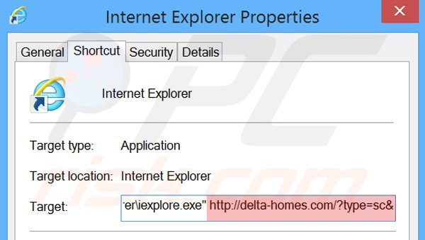 Verwijder delta-homes.com als doel van de Internet Explorer snelkoppeling stap 2