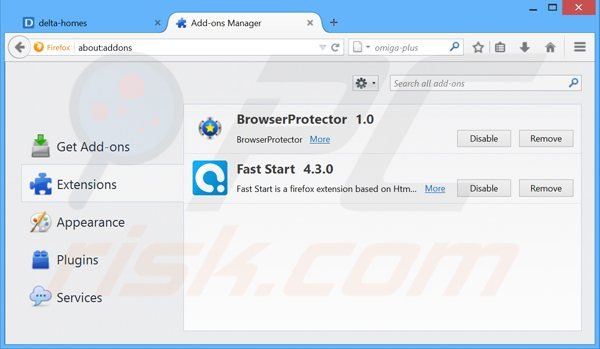 Verwijder aan delta-homes.com gerelateerde Mozilla Firefox extensies