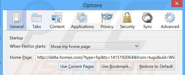 Verwijder delta-homes.com als startpagina in Mozilla Firefox