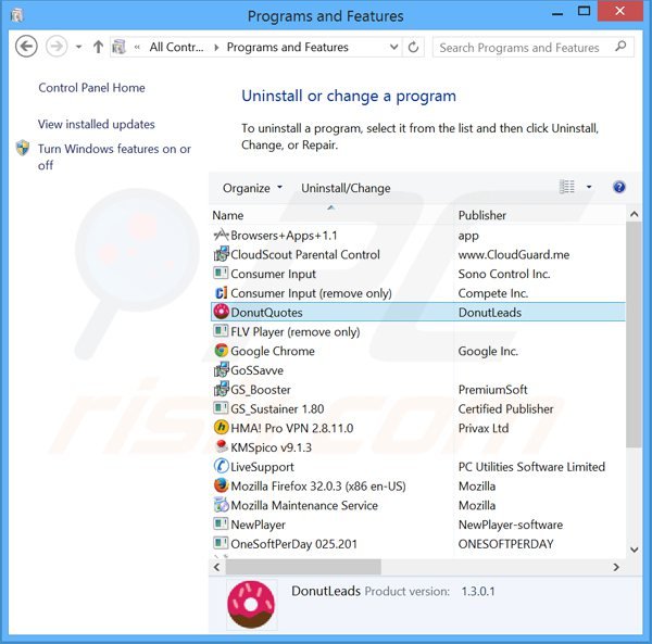 donutquotes adware verwijdering via het Controle Paneel