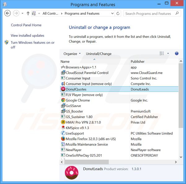 donutquotes adware verwijdering via het Controle Paneel