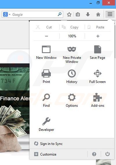 Verwijder de Finance Alert advertenties uit Mozilla Firefox stap 1