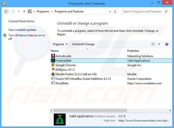 Finance Alert adware verwijdering via het Controle Paneel