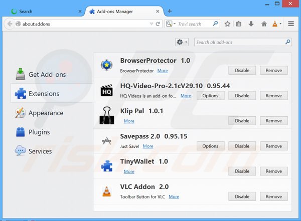 Verwijder aan Guard-search.com gerelateerde Mozilla Firefox extensies