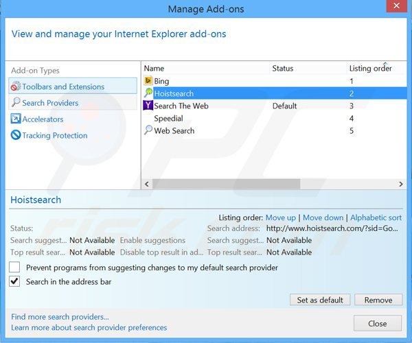 Verwijder hoistsearch.com als standaard zoekmachine in Internet Explorer