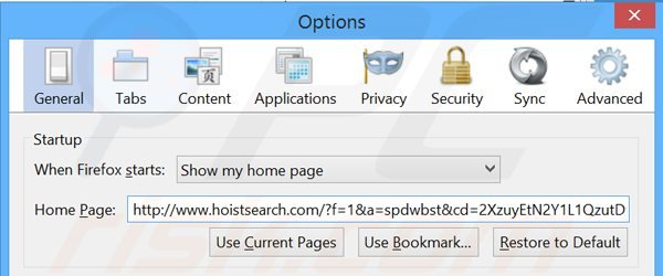 Verwijder hoistsearch.com als startpagina in Mozilla Firefox