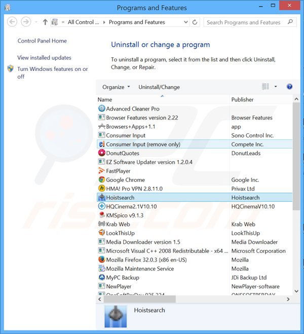 hoistsearch.com browser hijacker verwijdering via het Controle Paneel