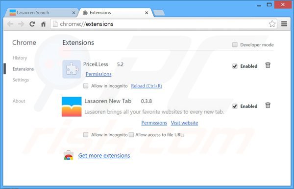 Verwijder aan lasaoren.com gerelateerde Google Chrome extensies