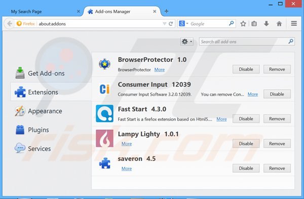 Verwijder aan mysearchpage.net gerelateerde Mozilla Firefox extensies