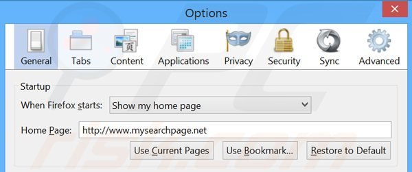 Verwijder mysearchpage.net als startpagina in Mozilla Firefox