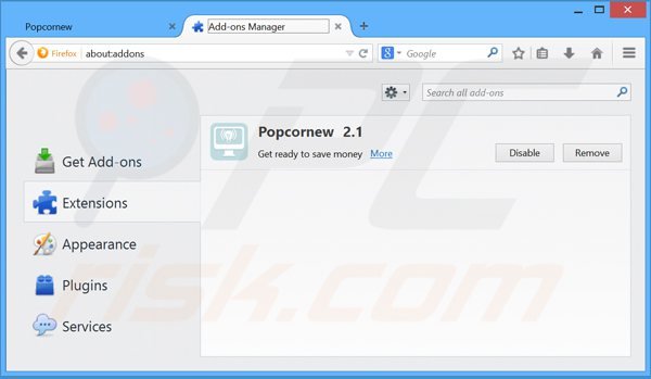 Verwijder de Popcornew advertenties uit Mozilla Firefox stap 2