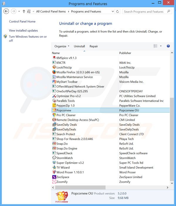 Popcornew adware verwijdering via het Controle Paneel