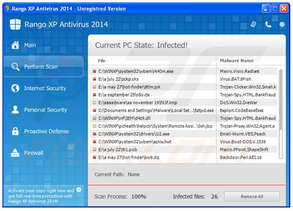 rango xp antivirus 2014 voert een valse computerbeveiligingsscan uit