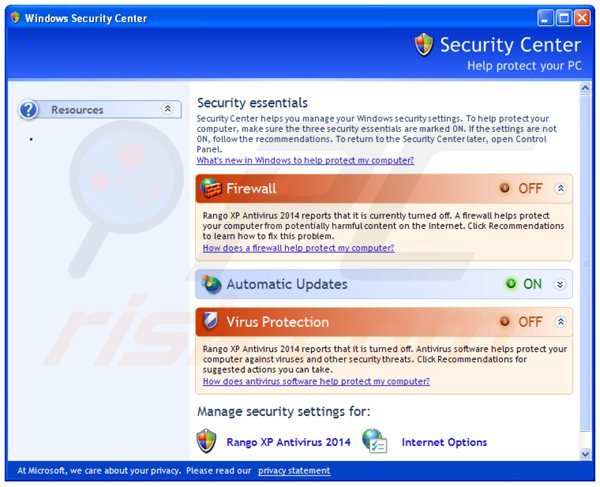 rango xp antivirus 2014 toont een vals security center scherm