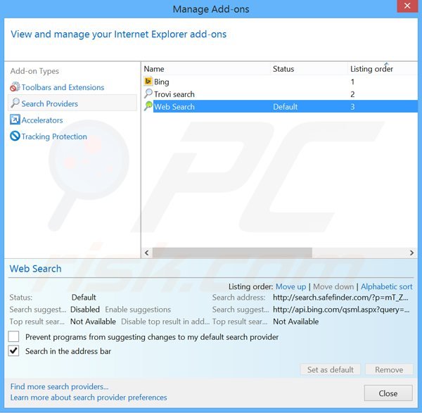 Verwijder search.safefinder.com als standaard zoekmachine in Internet Explorer