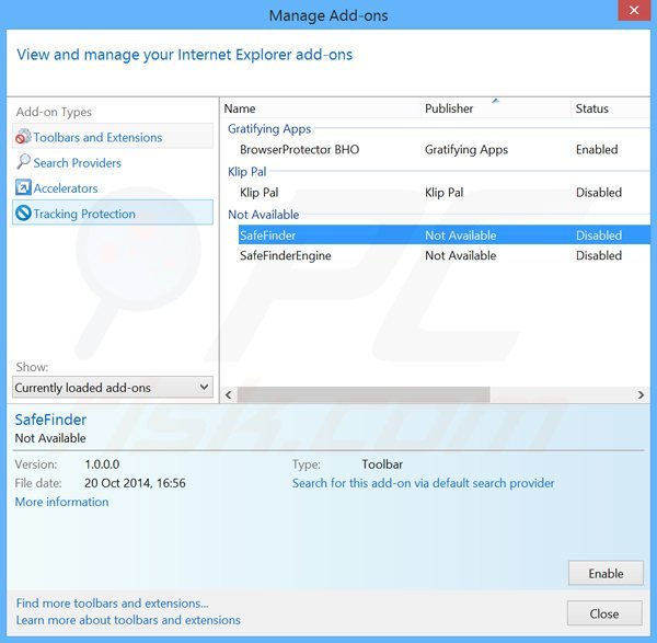 Verwijder aan search.safefinder.com gerelateerde Internet Explorer extensies
