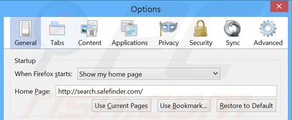 Verwijder search.safefinder.com als startpagina in Mozilla Firefox