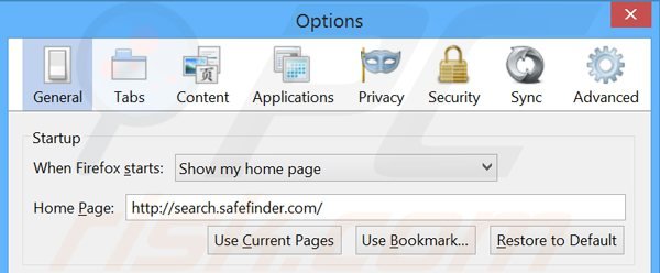 Verwijder search.safefinder.com als startpagina in Mozilla Firefox