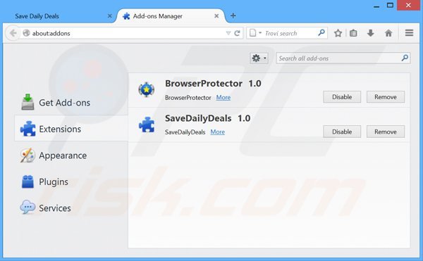 Verwijder de savedailydeals advertenties uit Mozilla Firefox stap 2