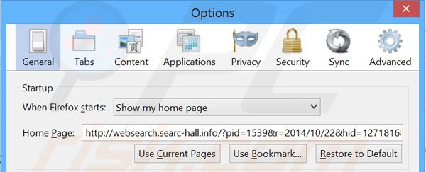 Verwijder websearch.searc-hall.info als startpagina in Mozilla Firefox