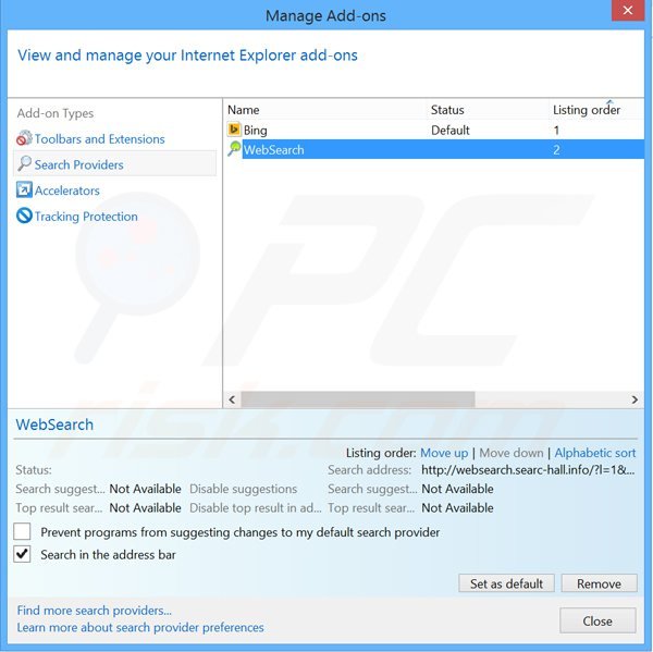 Verwijder websearch.searc-hall.info als standaard zoekmachine in Internet Explorer