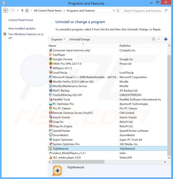tidynetwork adware verwijdering via het Controle Paneel
