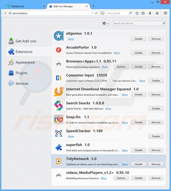 Verwijder de tidynetwork advertenties uit Mozilla Firefox stap 2