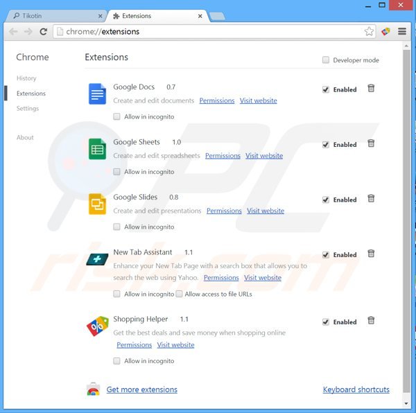 Verwijder aan tikotin.com gerelateerde Google Chrome extensies
