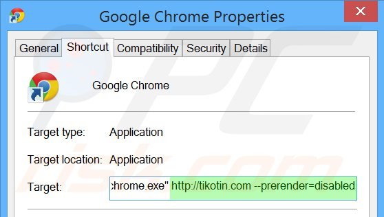Verwijder tikotin.com als doel van de Google Chrome snelkoppeling stap 2