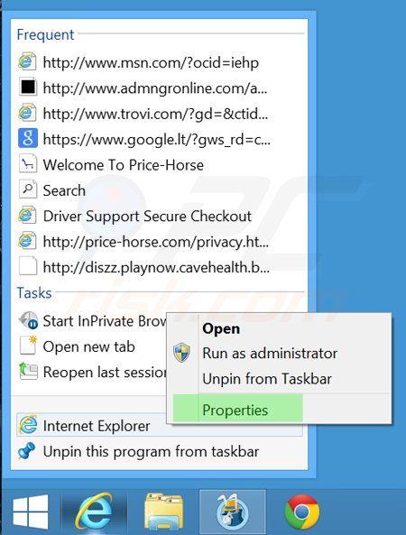 Verwijder tikotin.com als doel van de Internet Explorer snelkoppeling target stap 1
