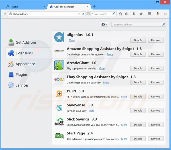 Verwijder aan tikotin.com gerelateerde Mozilla Firefox extensies
