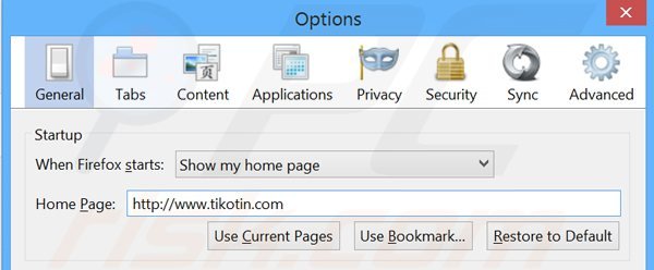 Verwijder tikotin.com als startpagina in Mozilla Firefox