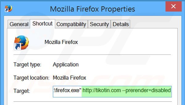 Verwijder tikotin.com als doel van de Mozilla Firefox snelkoppeling stap 2