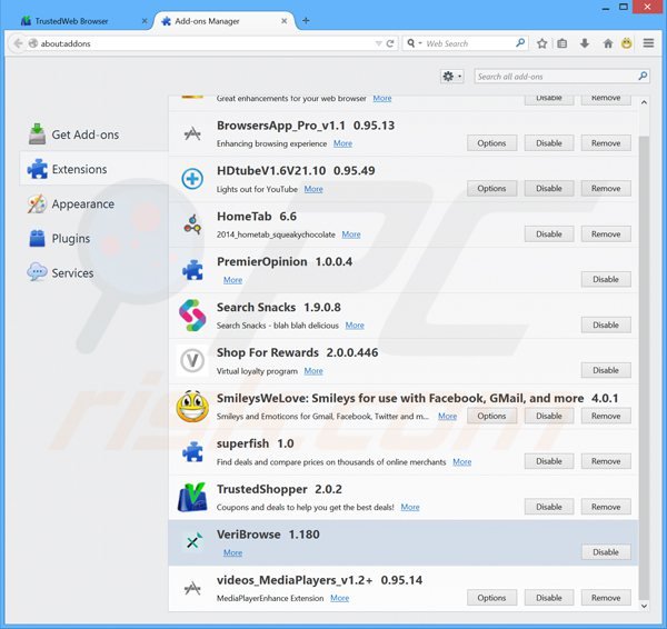 Verwijder de VeriBrowse advertenties uit Mozilla Firefox stap 2