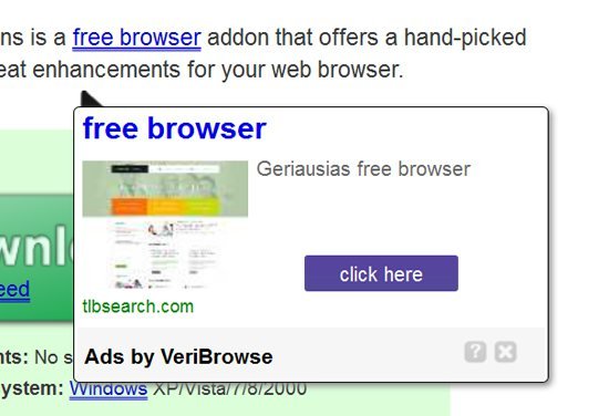 In-tekst advertenties gegenereerd door de VeriBrowse adware