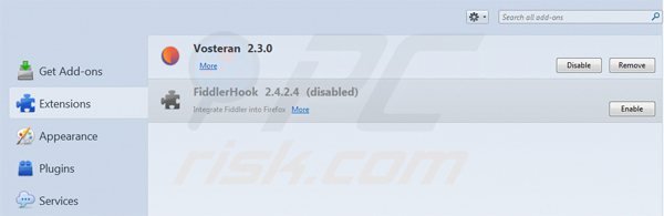 Verwijder aan vosteran.com gerelateerde Mozilla Firefox extensies