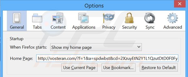 Verwijder vosteran.com als startpagina in Mozilla Firefox