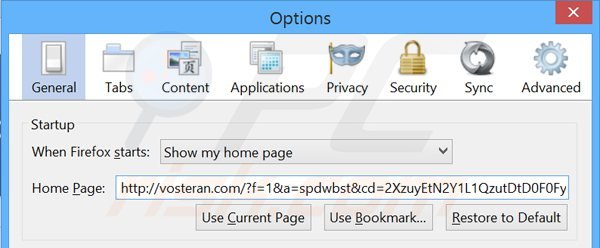 Verwijder vosteran.com als startpagina in Mozilla Firefox