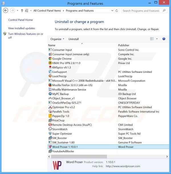 wordproser adware verwijdering via het Controle Paneel