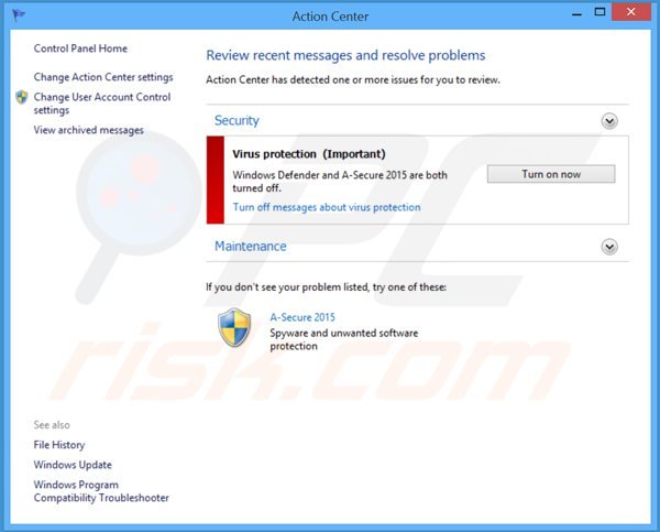 a-secure 2015 toont een vals Windows action center