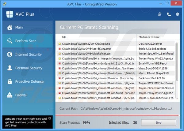 AVC Plus frauduleuze antivirus voert een valse computerbeveiligingsscan uit